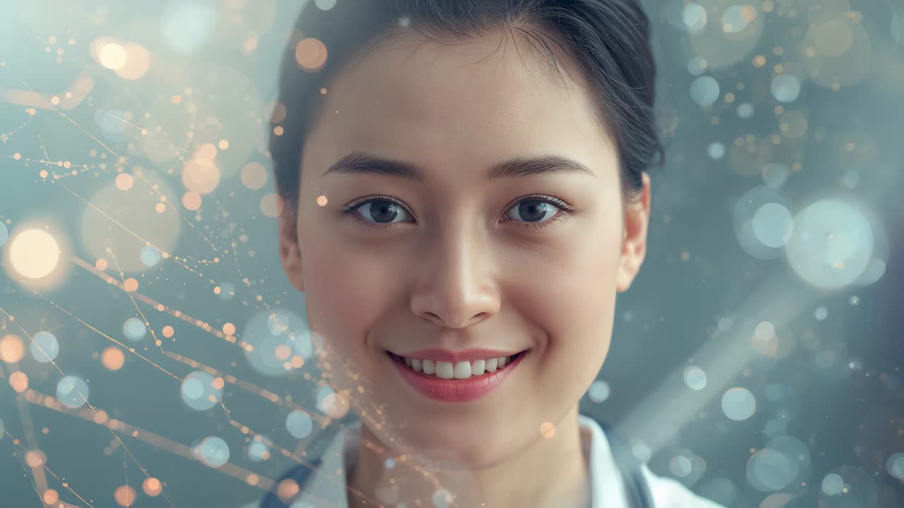 Smiling Asian woman in studio wearing white shirt, overlay appearing with nodes, bokeh showing tech