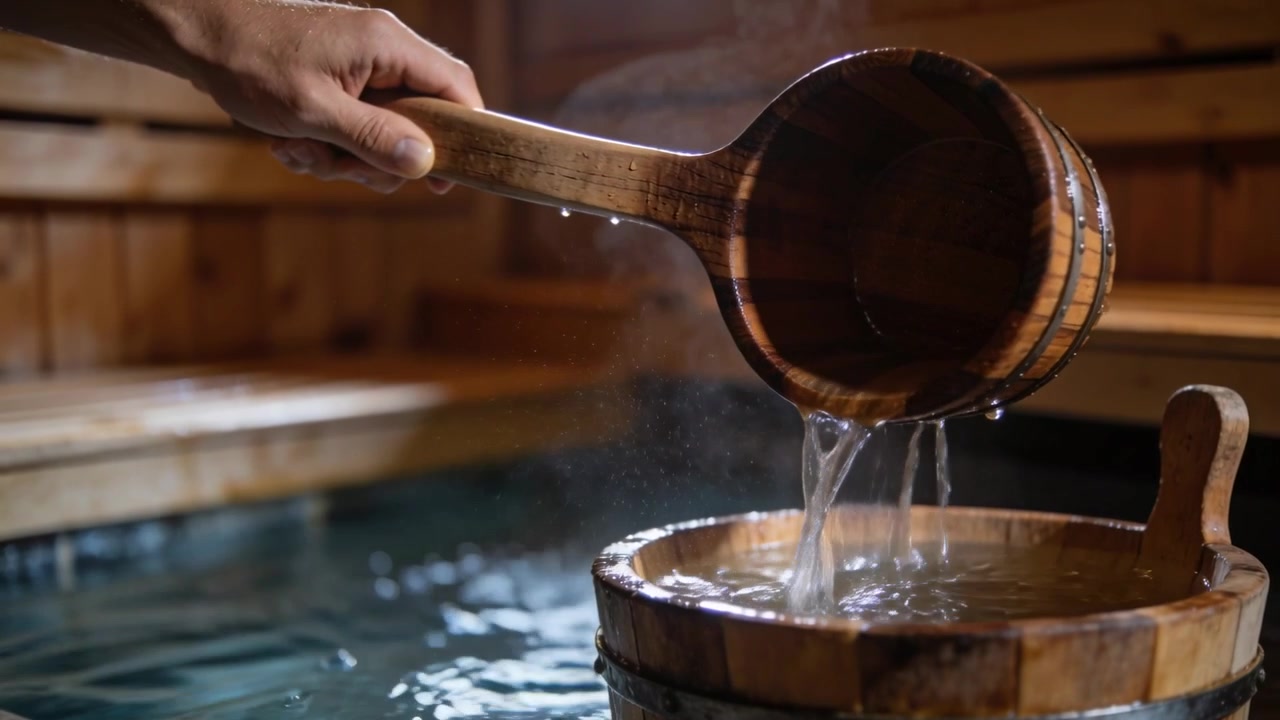 Mano che inclina un mestolo di legno, versando acqua fumante in un secchio di legno in una sauna, riempiendo il secchio