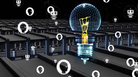 animation of ai chatbot icons, lightbulb over computer servers