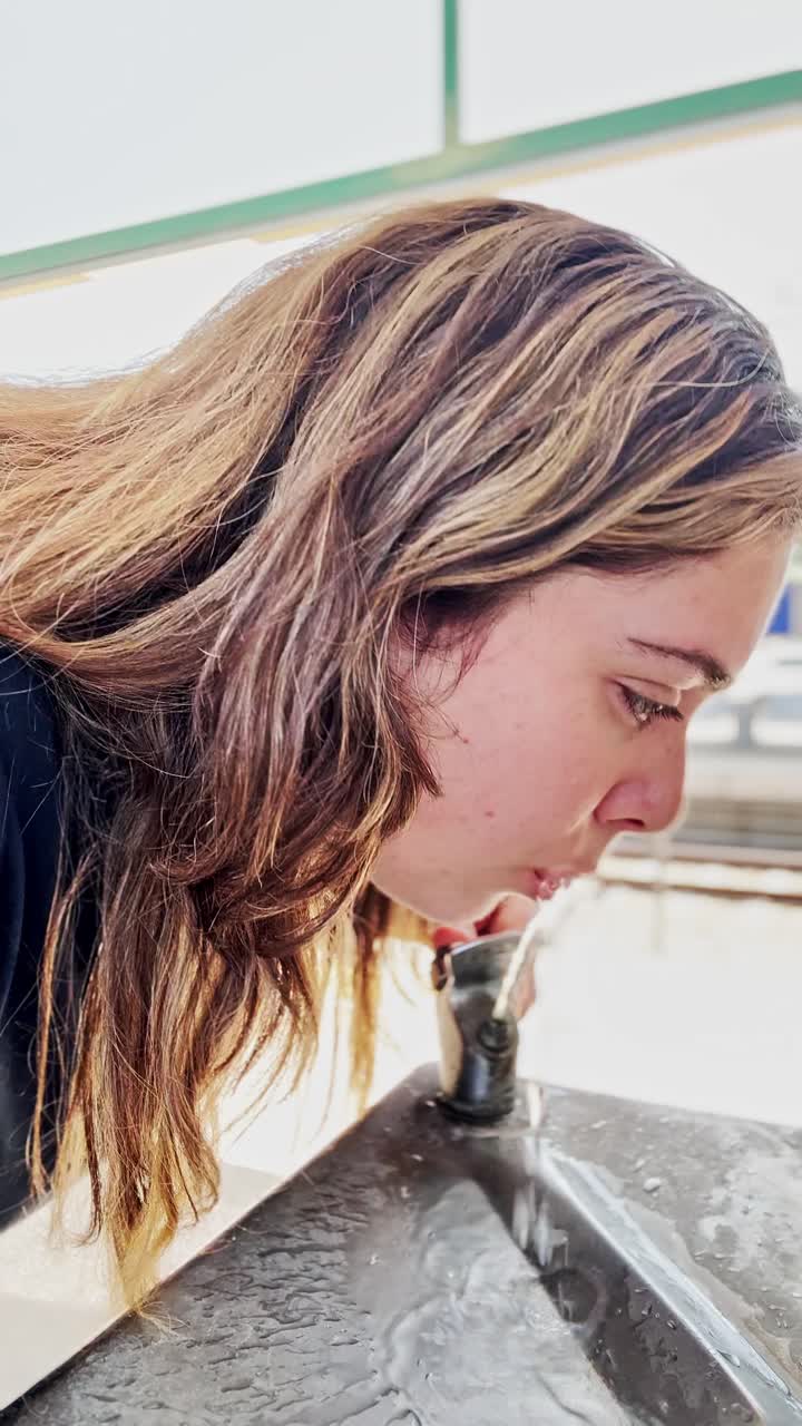 Woman Using a Water Fountain at a Train Station