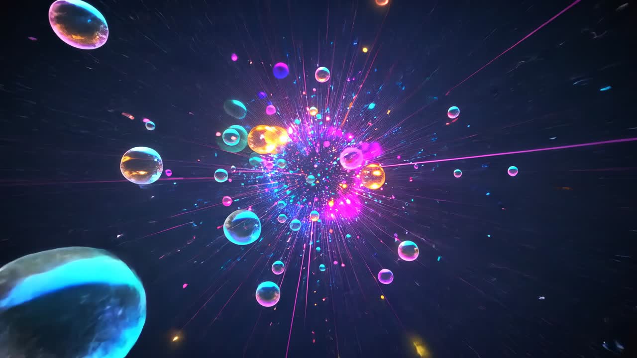 Pulsating neon core intensifying glow in cosmic void, emitting light streaks while spheres drift