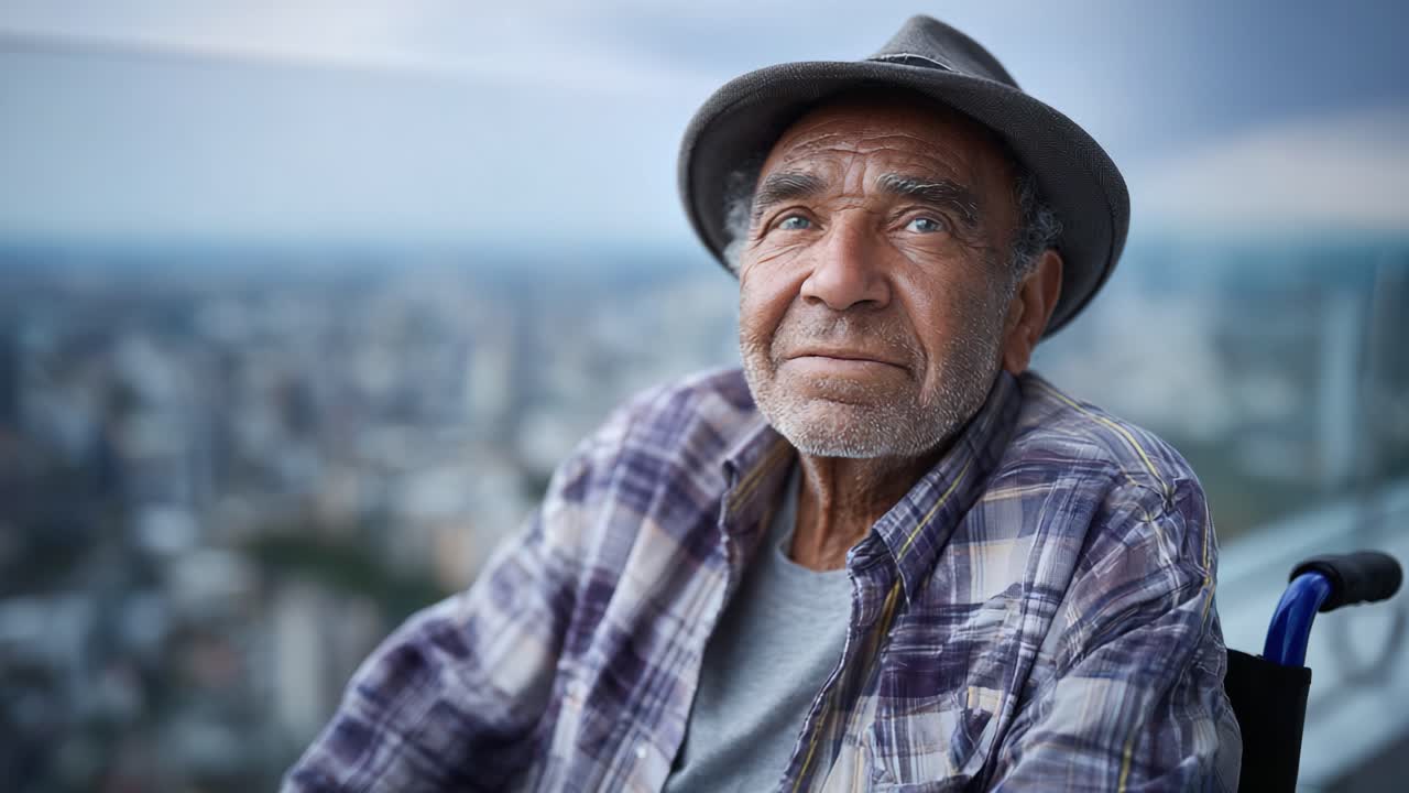 Un uomo anziano pensieroso con un cappello guarda il paesaggio urbano, riflettendo sulla vita e sui ricordi, mostrando saggezza ed esperienza sullo sfondo pittoresco
