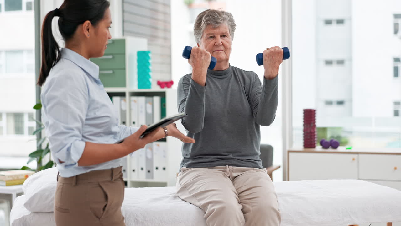 Physiotherapy tablet, senior woman