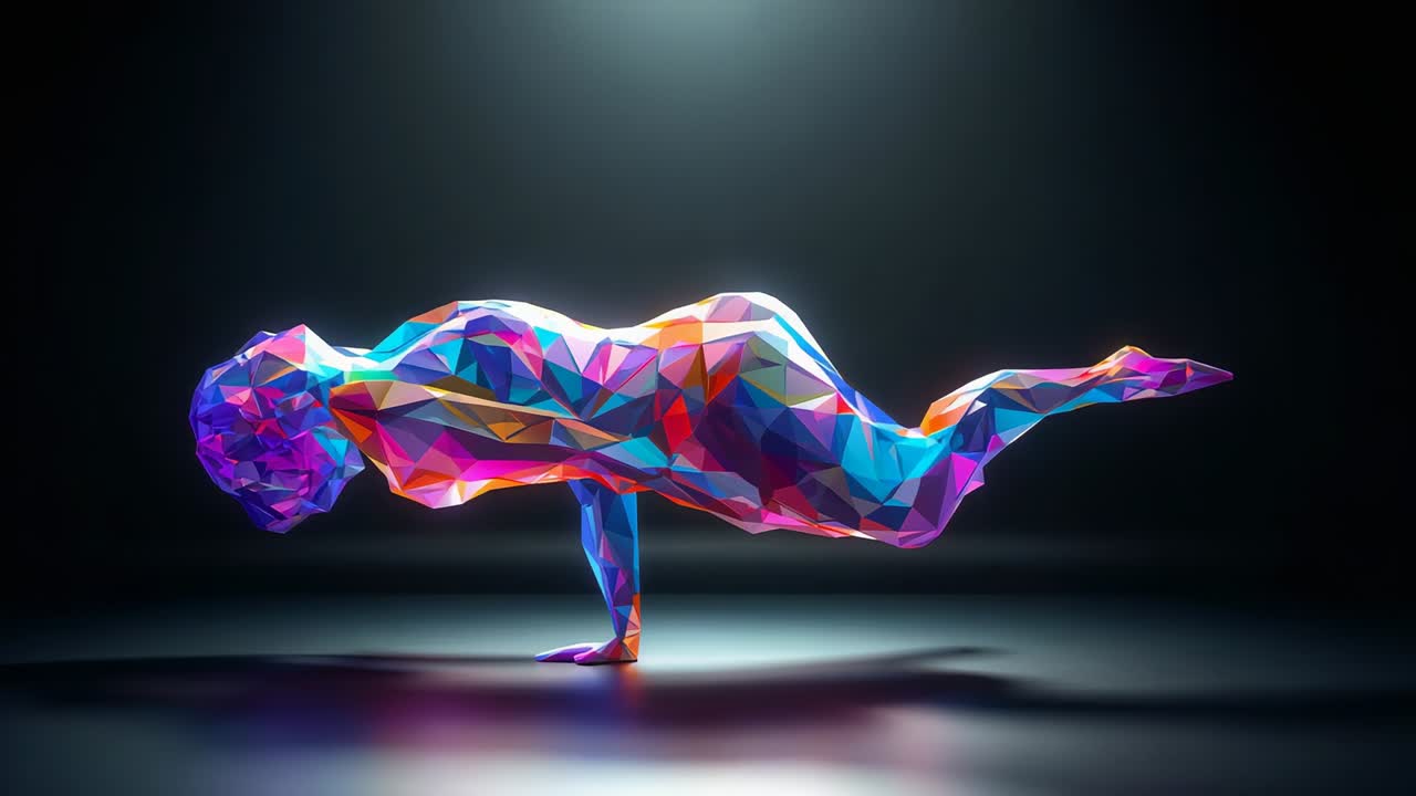 Figura low-poly in equilibrio su un braccio in uno studio buio mentre il fascio di luce si sposta, rivelando il pavimento lucido