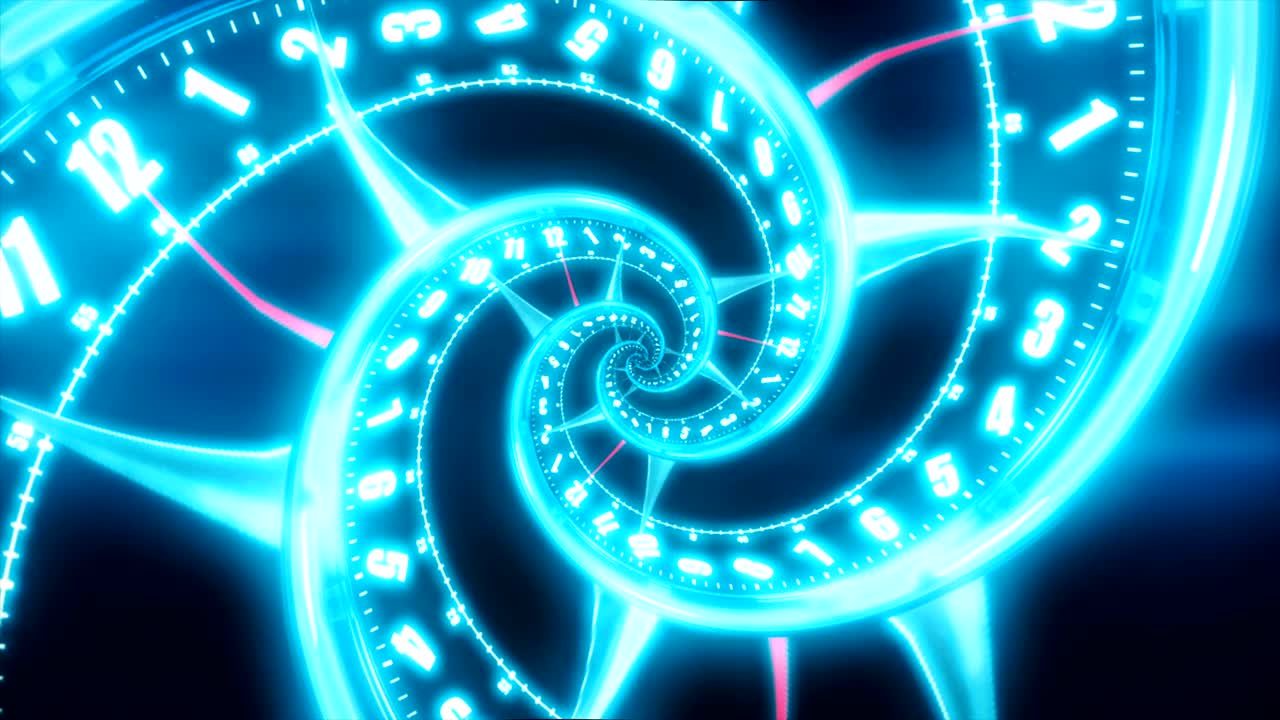 숫자에서 빛나는 시계의 회전 나선. 추상적인 원활한 애니메이션.