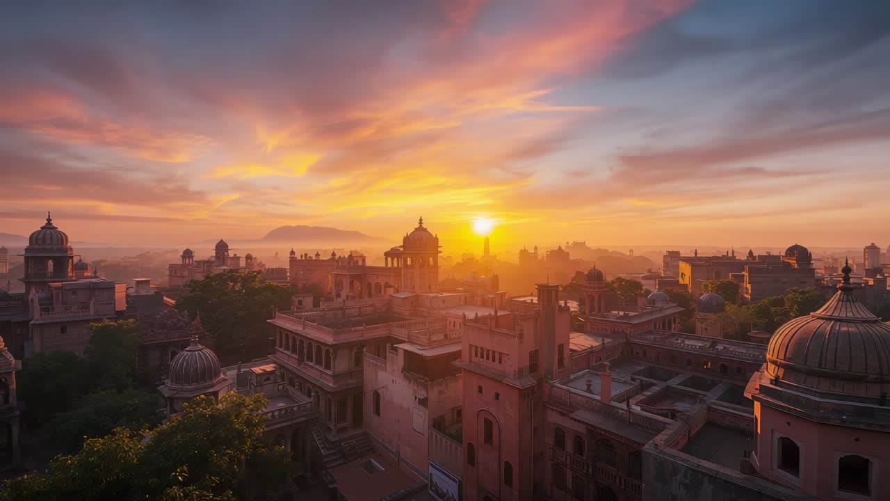 Revealing domes and rooftops with minaret at rooftop terrace as rising sun emerging with clouds