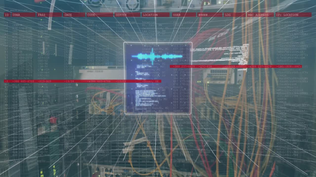 animación de pantallas con procesamiento de datos contra el primer plano de un servidor de computadora