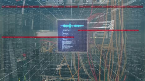 Animation-of-screens-with-data-processing-against-close-up-of-a-computer-server