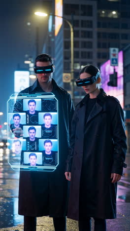 Futuristic Individuals Using Augmented Reality for Facial Recognition in a Cyberpunk City