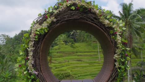 A-picturesque-view-of-the-iconic-Tegallalang-rice-terraces-in-Bali,-framed-by-a-beautifully-decorated-circular-wicker-seat-adorned-with-flowers-and-greenery