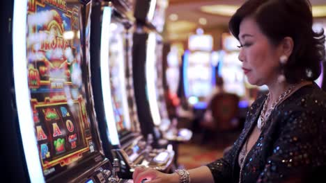 a passionate player engaged in slot machine action in the heart of a casino, capturing the thrill and excitement of gaming in a dazzling atmosphere
