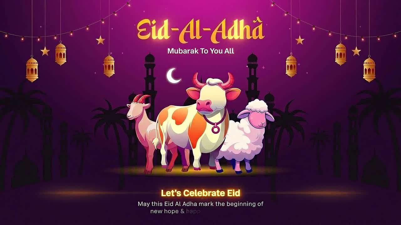 Eid al Adha festive illustration with lantern lights animals and mosque background glowing under purple night sky