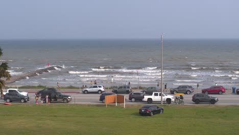 Drone-view-of-Galveston-Beach-in--Galveston,-Texas