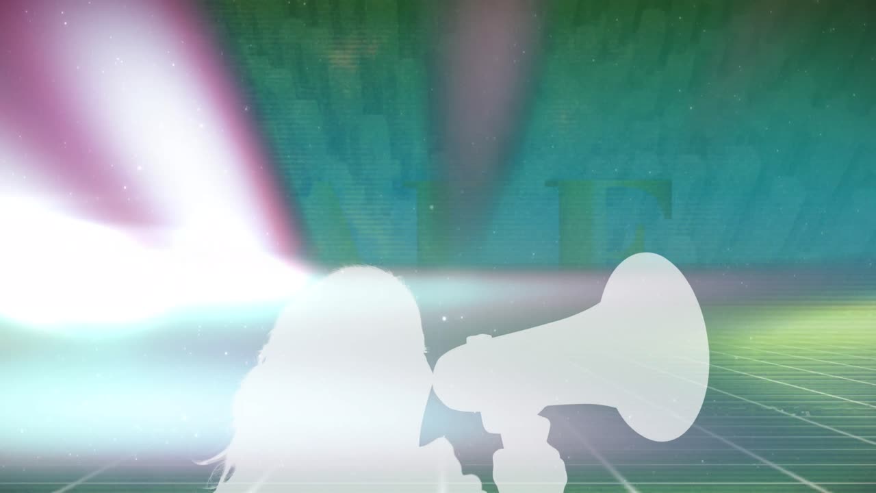 스피커를 가진 여성의 실루 위에 움직이는 모양의 애니메이션.