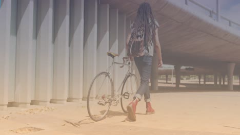 spots of light against rear view of african american man with bicycle walking