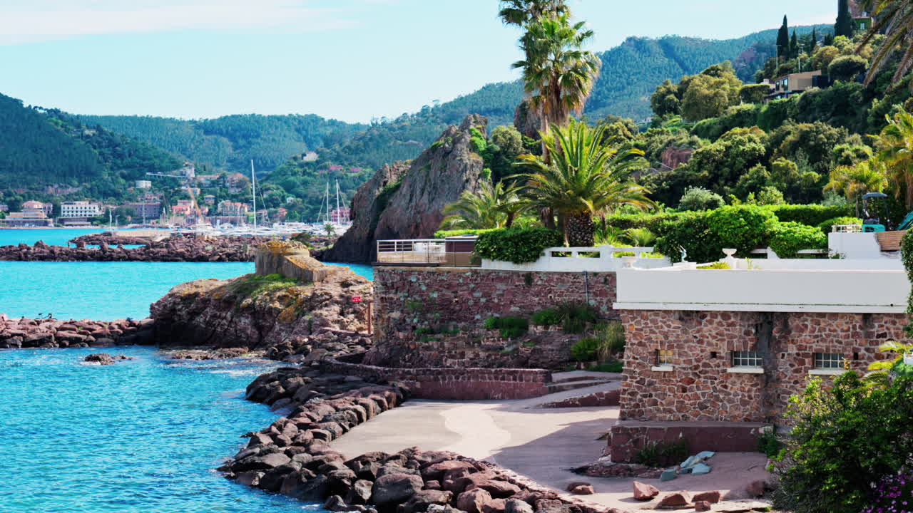 View of the Chateau de la Napoule Castle in Mandelieu-La Napoule, France on the shore of the Mediterranean Sea