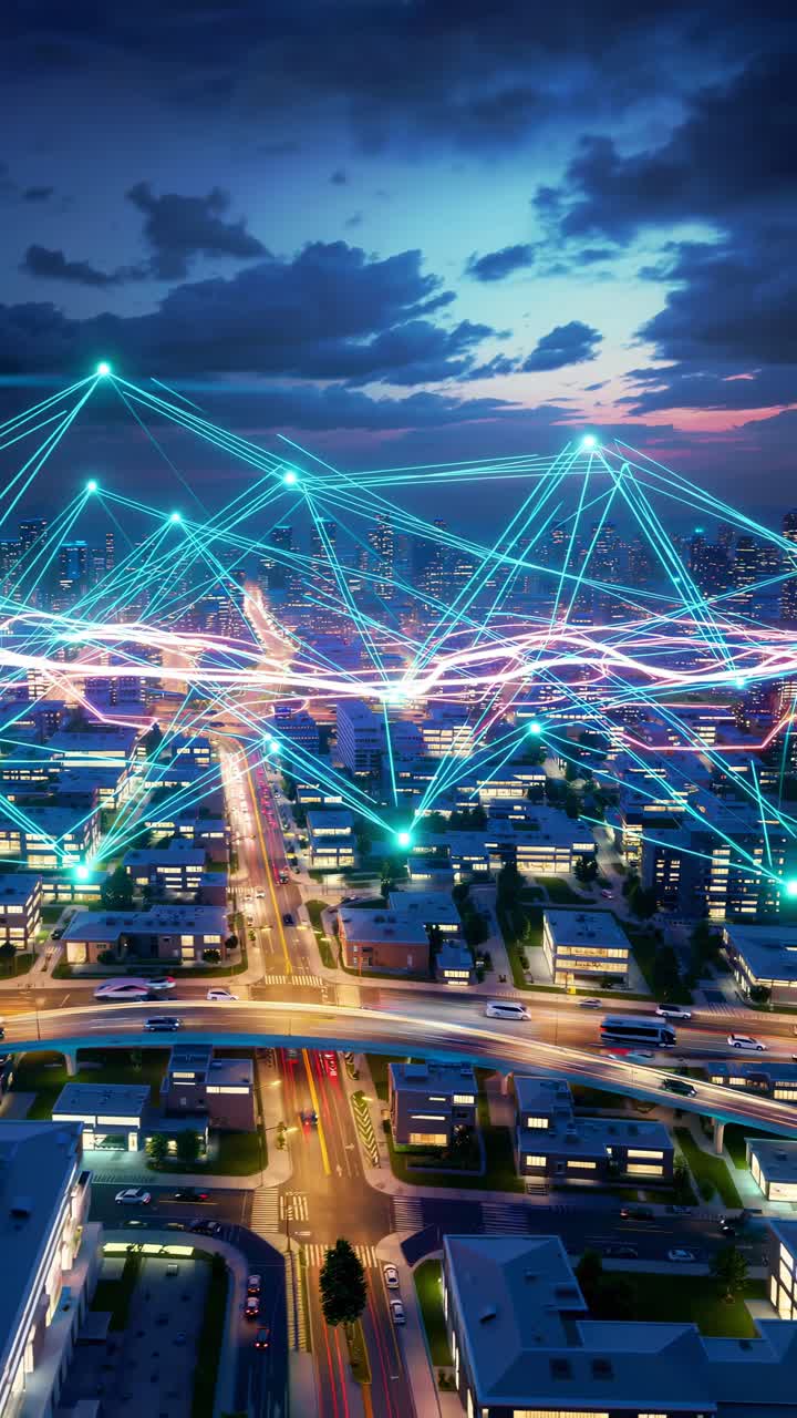 Aerial view of a city at dusk with digital network lines connecting buildings