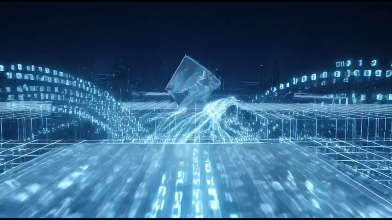 Abstract Digital Grid with Floating Geometric Shapes and Data Streams