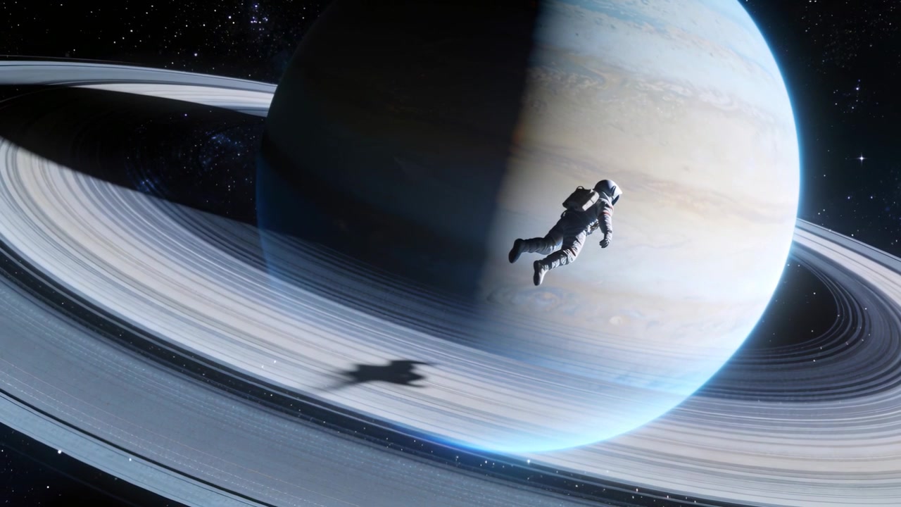 Drifting free astronaut in EVA suit shifting by ringed giant, shadow tracking rings, copy space