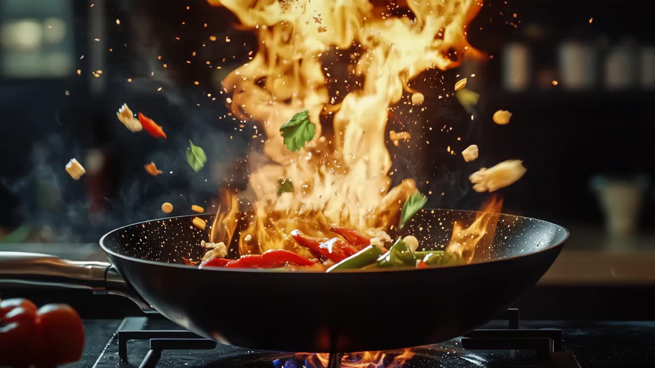 Verdure saltate in padella in un wok con fiamme