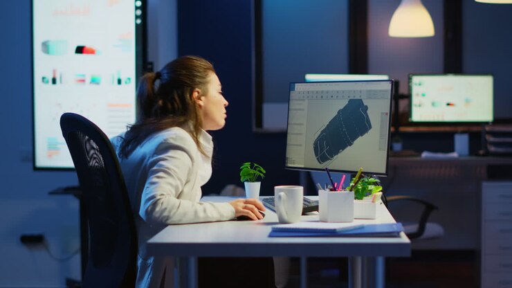 Træt ingeniør analyserer prototype af 3D-model af anlægget, gaber og arbejder over.