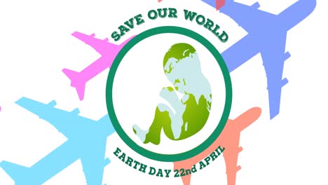 animation of earth day text and globe baby logo over colorful airplanes on white background