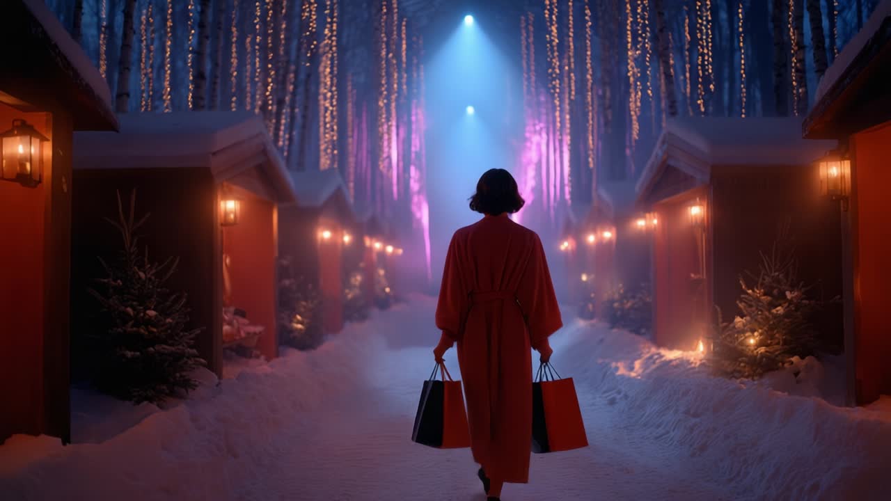 A person in a vibrant red robe walks through a serene, snow-covered path illuminated by colorful lights, holding shopping bags in hand, creating a magical winter shopping experience in a tranquil, festive atmosphere