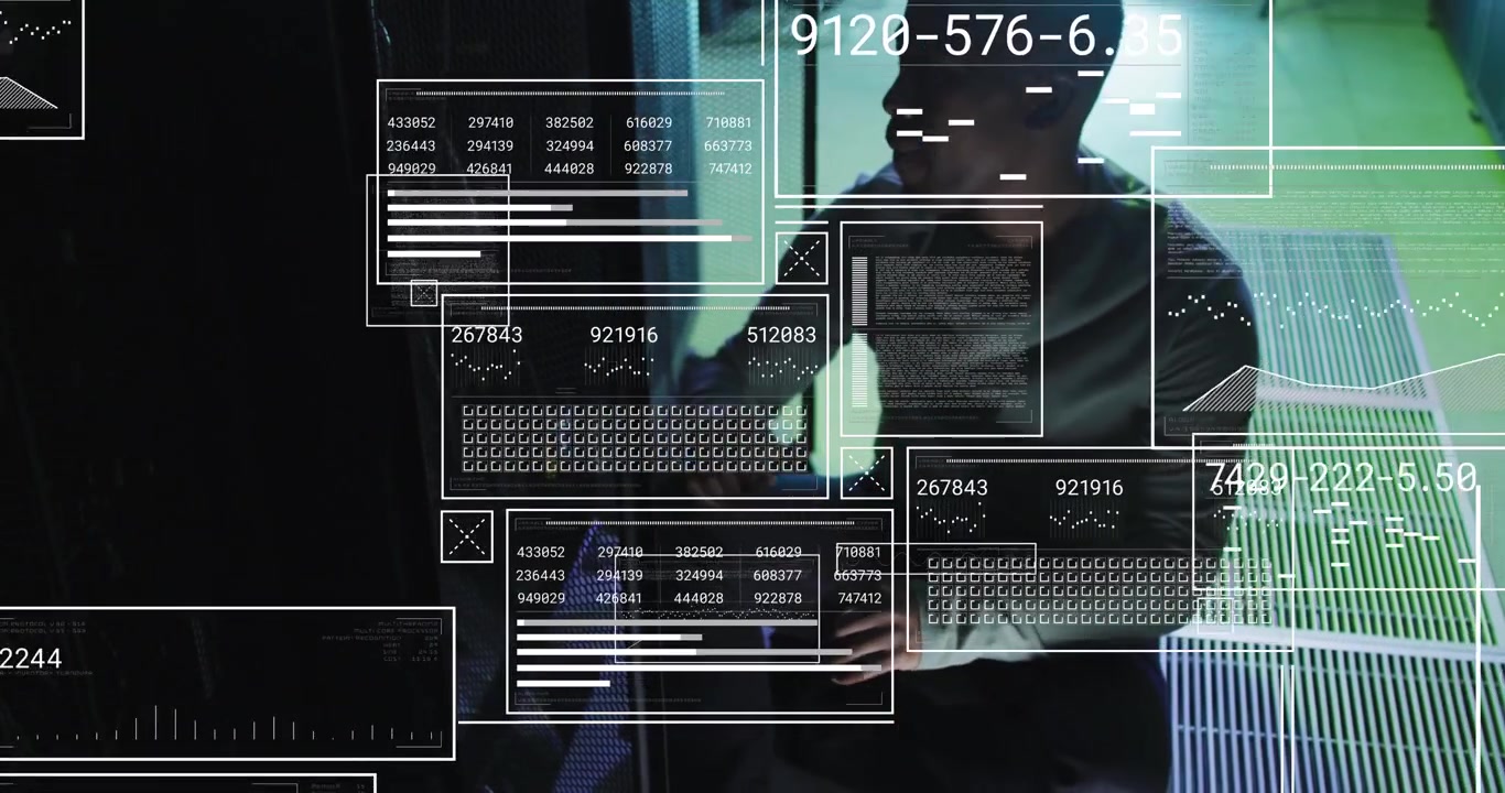 Animation of screens with data processing over african american male engineer working at server room