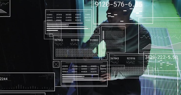 Animation of screens with data processing over african american male engineer working at server room