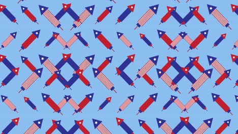 animation of fireworks coloured with american flag moving over blue background