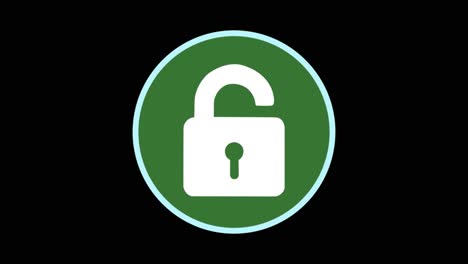 elemento gráfico de movimiento inteligente de un logotipo de seguridad de sistema circular con candado, pirateado y desbloqueado, pasando de rojo a verde, sobre un fondo negro