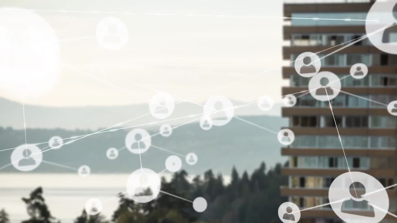 높은 건물의 공중 뷰에 대하여 프로필 아이콘의 네트워크의 애니메이션