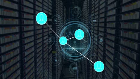 Network-of-connections-and-cyber-security-text-over-round-scanner-against-computer-server-room