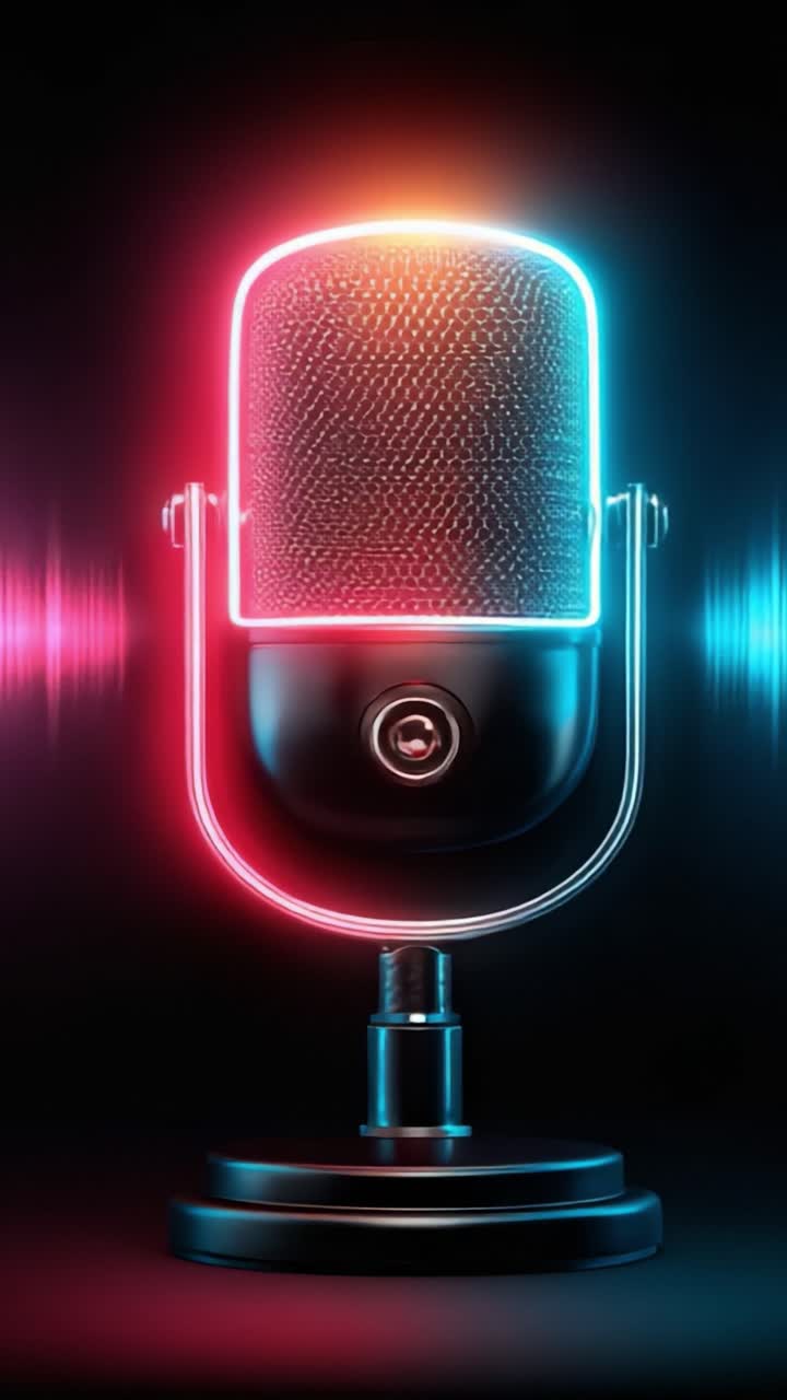 Un microfono mozzafiato in stile retrò con dettagli al neon che cattura le onde sonore in un'atmosfera enigmatica di creatività ed espressione.