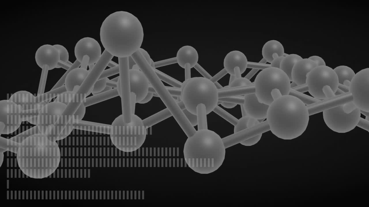Animating binary code and molecular structure on dark background, futuristic concept