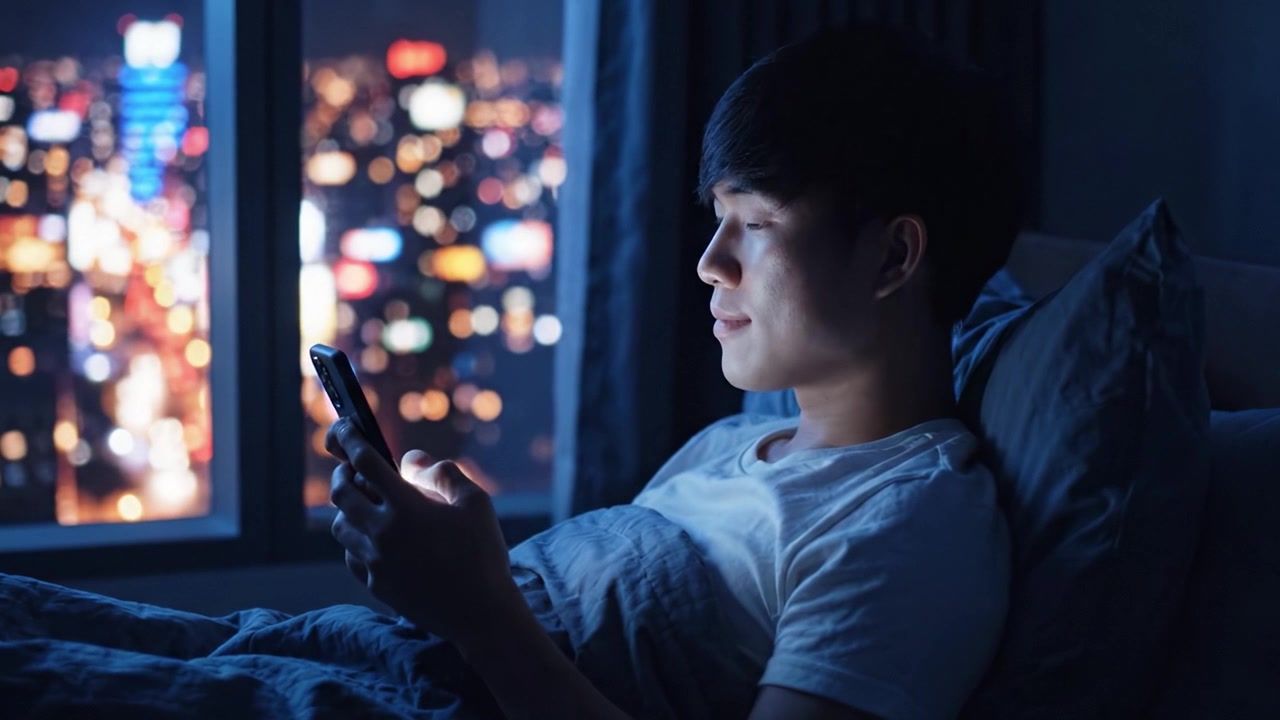 A Young Man Relaxing in Bed at Night, Engrossed in His Smartphone While Enjoying the Breathtaking Cityscape View Illuminating the Dark Room