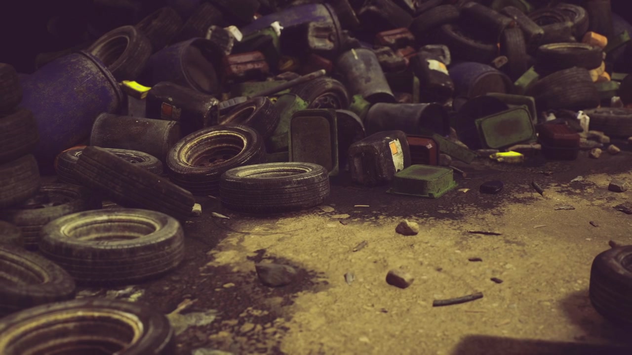 Detriti lungo la strada disposti per la rimozione e il riutilizzo ecologico.