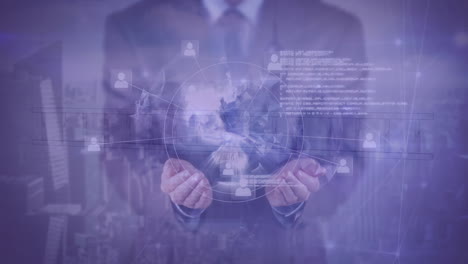 animation of scope scanning and data processing over globe and businessman