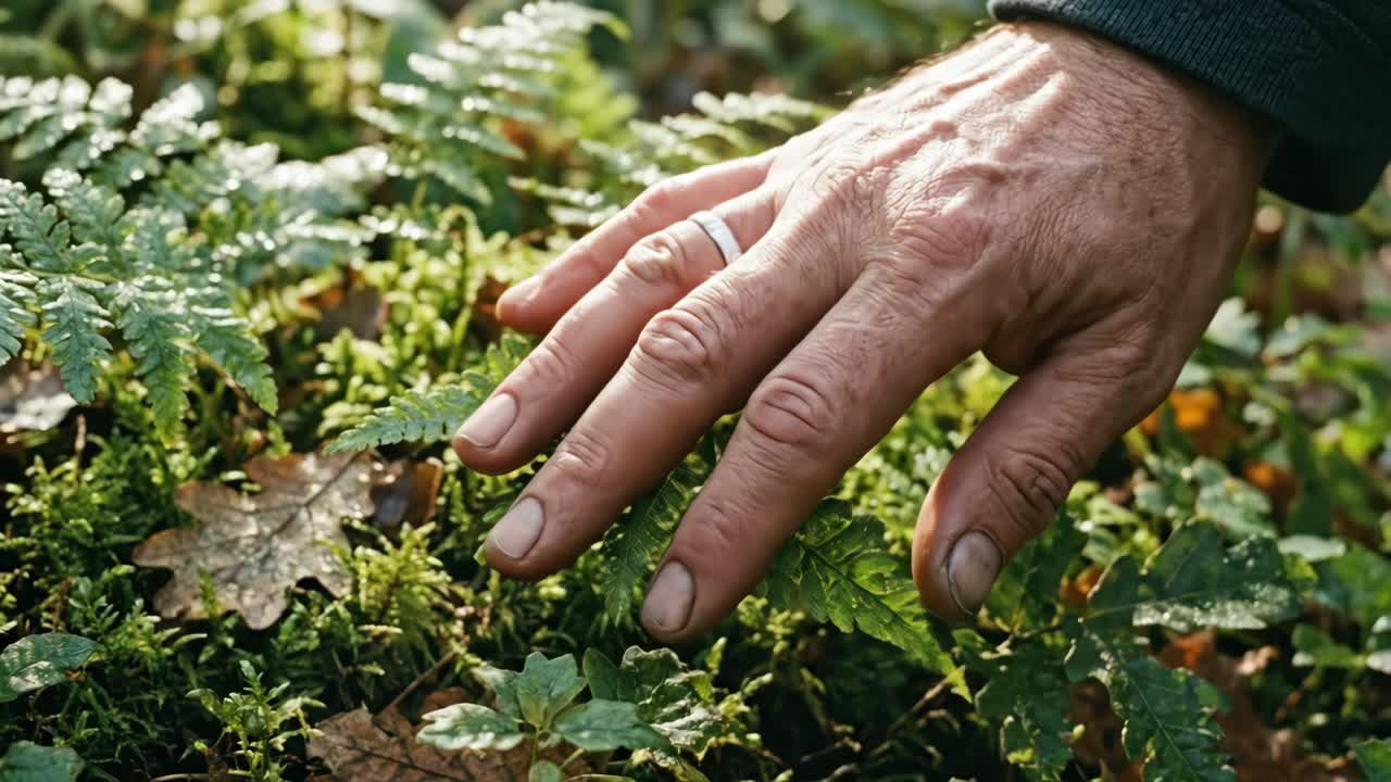 Close-up de uma mão tocando suavemente uma folha de samambaia verde em uma floresta