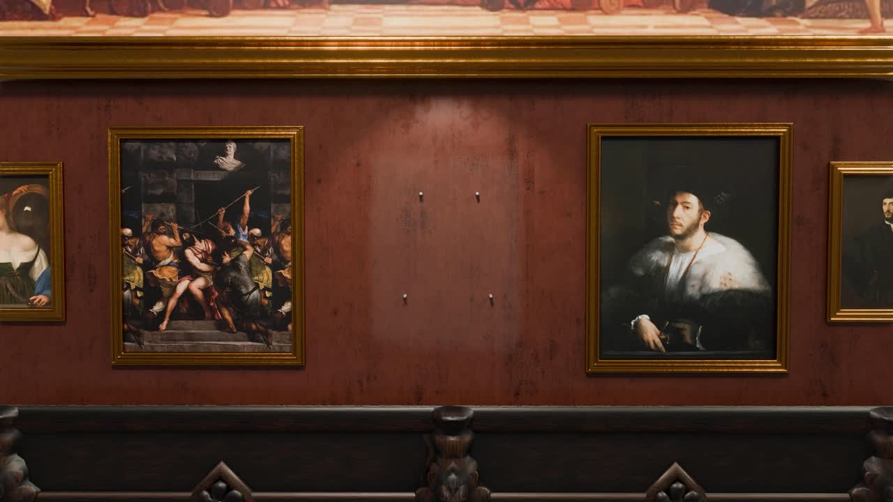 3D animation showing an empty space where a stolen painting once hung in an art gallery