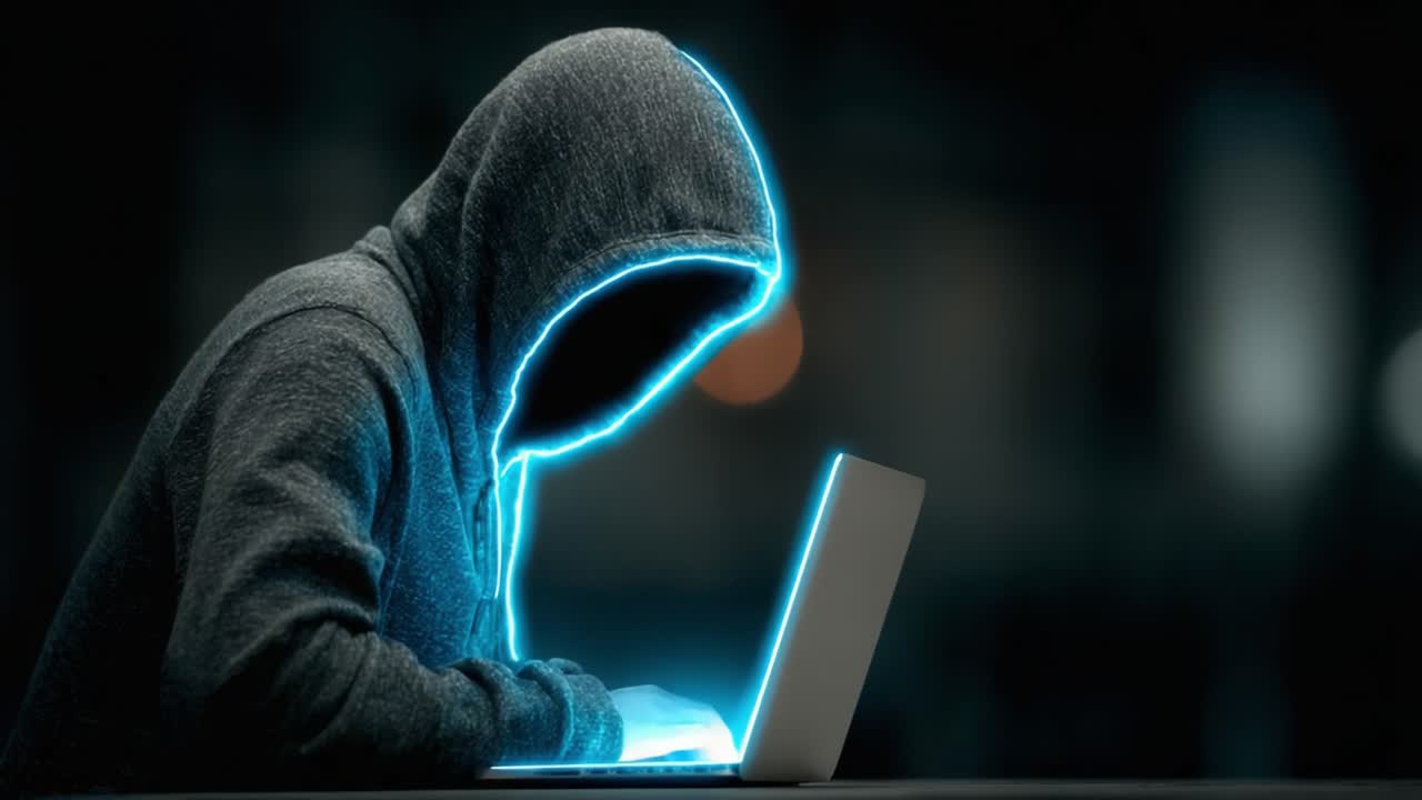 A Mysterious Hooded Figure Engaged in Intriguing Digital Activity: The Intricate World of Cybersecurity and Online Anonymity Explored through a Vivid Glow Effect
