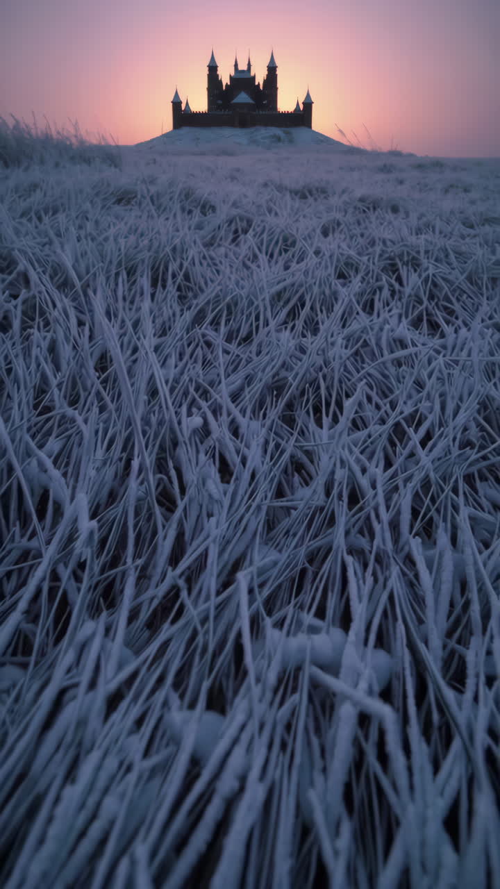 Frozen Grasslands with Castle at Sunrise