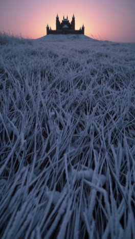 frozen grasslands with castle at sunrise