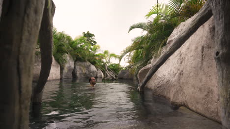 caucasian tourist diving in to hot spring in costa rica monteverde famous tourist holiday destination relaxing while in vacation concept