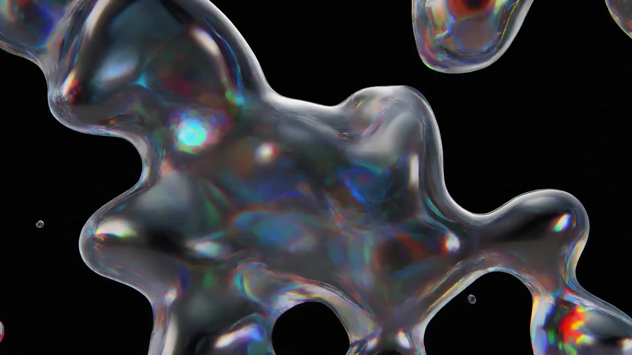 Metallo liquido iridescente astratto che fluttua nello spazio