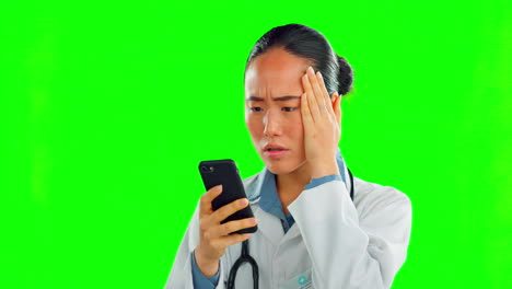 Frau,-Arzt-Und-Telefon-Für-Schlechte-Nachrichten-In-Grün