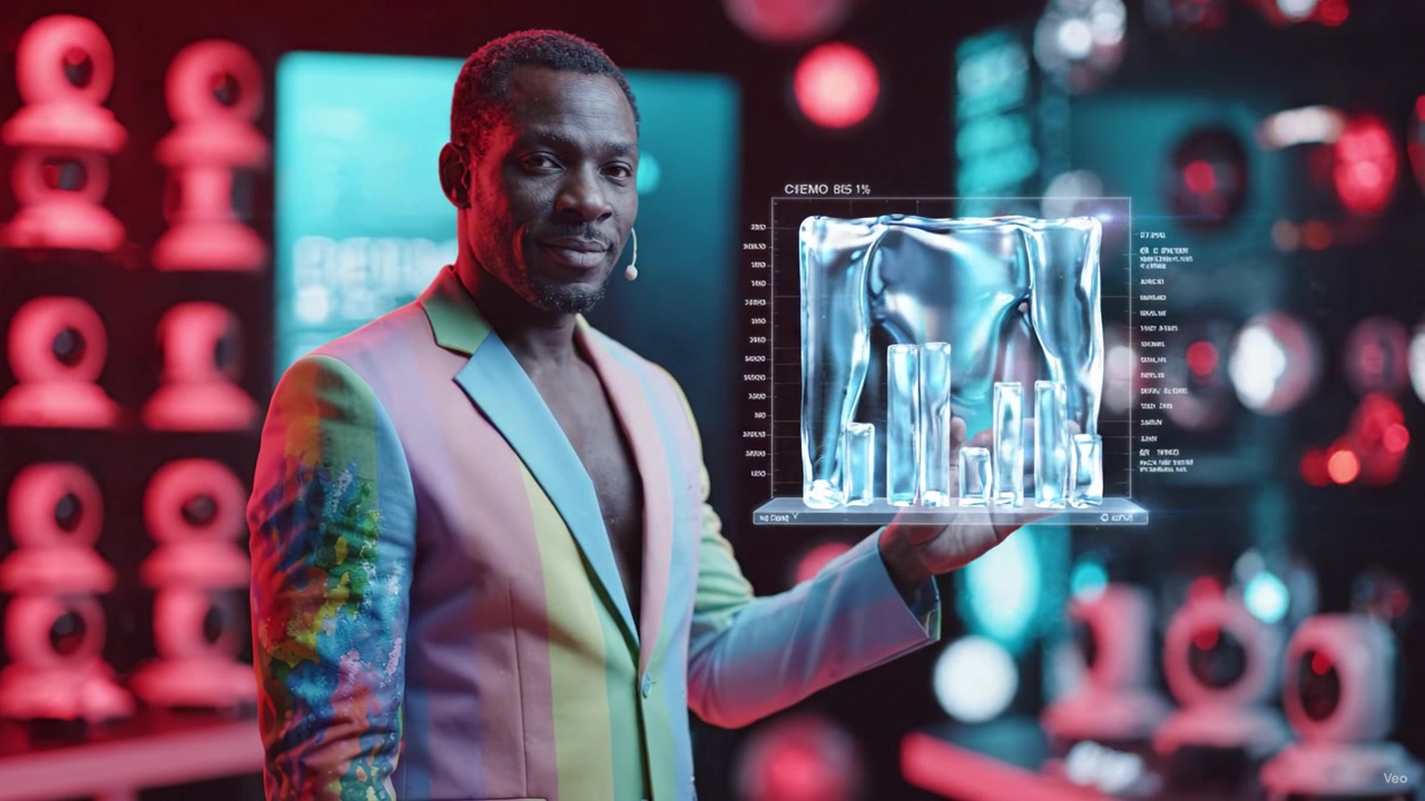 A charismatic presenter showcases a cutting-edge transparent trophy, symbolizing achievement and innovation, against a backdrop of vibrant, modern technology.