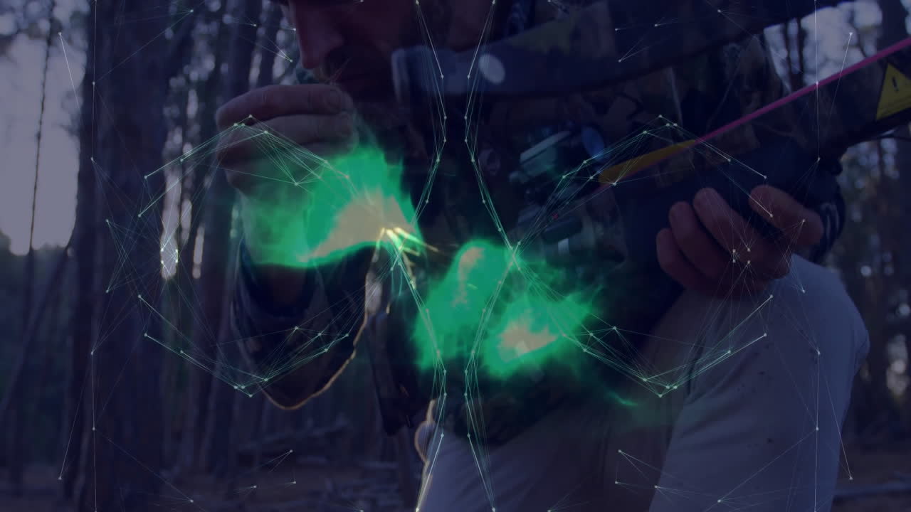 Person in forest interacting with glowing green holographic network animation