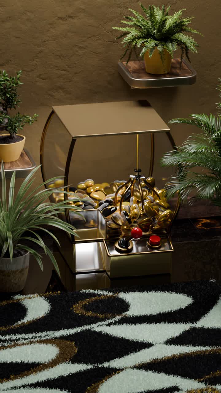 máquina de goma de mascar de oro con plantas en el interior moderno