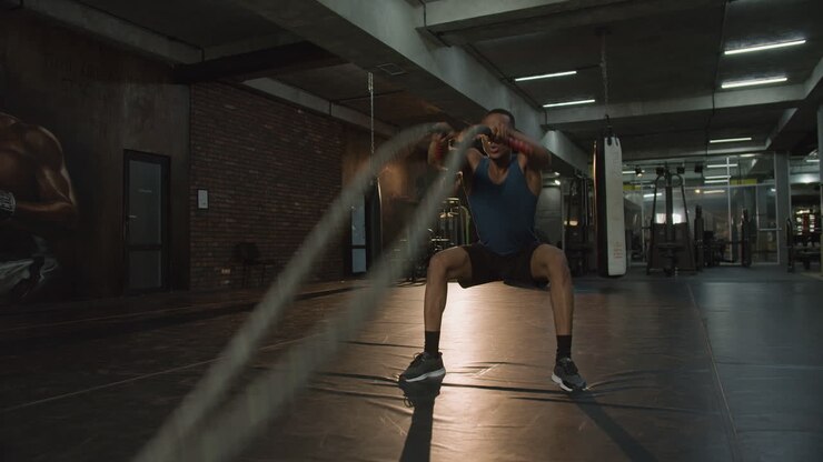 Camera zoom out on an athletic african american man in the gym.